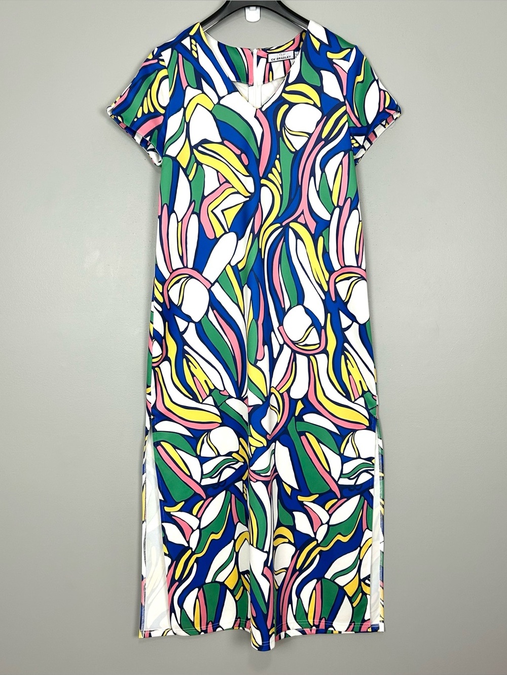CK Bradley Colorful Knit Maxi Dress Women’s Size L V-Neck Side Slit Vacation